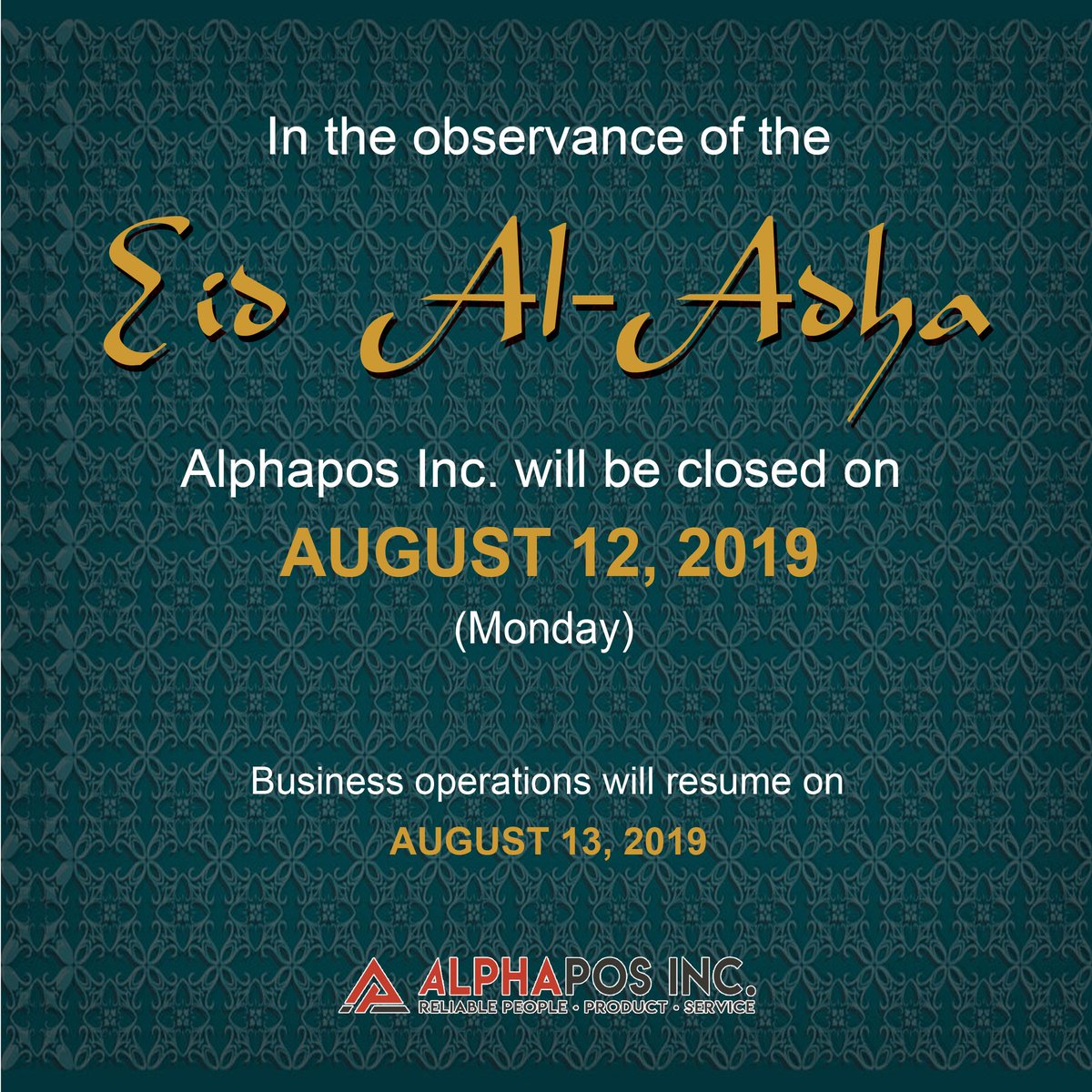 alphapos_inc's tweet photo. Alphapos Family is Wishing you all a very blessed Eid-al-Adha!
Let there be peace, love, joy and good health.

Eid Mubarak!

#AlphaposInc #EidalAdha https://t.co/YTN6oqCFkb
