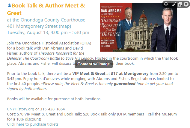 downtownSYR's tweet photo. #CoolAlert: The @OnondagaHisAssn is hosting a book talk w/ authors @danabrams & David Fisher this week in the @OnondagaCounty courthouse, where a trial involving President Theodore Roosevelt took place! There will be a VIP Meet&Greet at @317MontgomerySt before the talk! https://t.co/HCs6wzRGq7