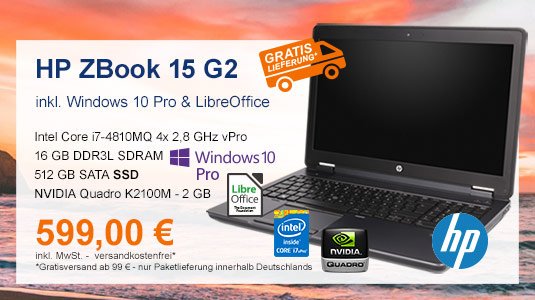 HP zBook 15 G2 | i7 4-4810MQ | 512 GB SSD | NVIDIA Quadro K2100M | inkl. Win 10 für 599 EUR!
itsco.de/notebook-hp-zb…