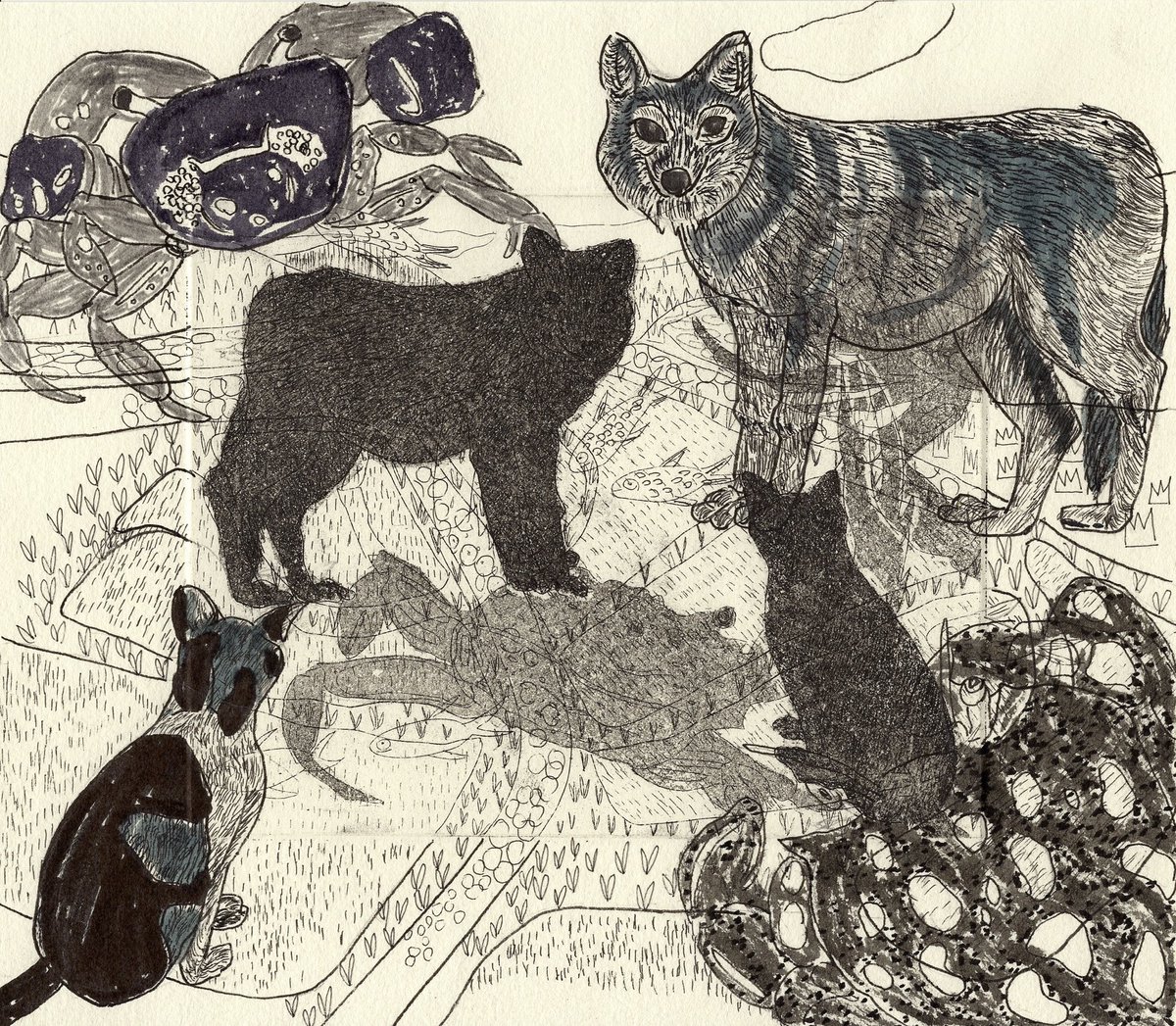 長 雪恵 Pa Twitter ドローイング アート 美術 デザイン 作品 イラストレーション ドローイング 銅版画 ペン 犬 猫 カニ