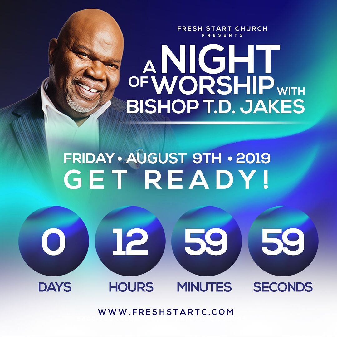myfreshstartc's tweet photo. 7 p.m. TODAY!!! Doors open at 6:30 p.m. #COUNTDOWN with us to the night of #worship with Bishop T.D. Jakes!!! WE ARE TURNING 10!!!

#WeAreFreshStartC 🔄 #FreshstartC #FreshStartChurch #anniversary @bishopjakes https://t.co/NHAOiRMf5R