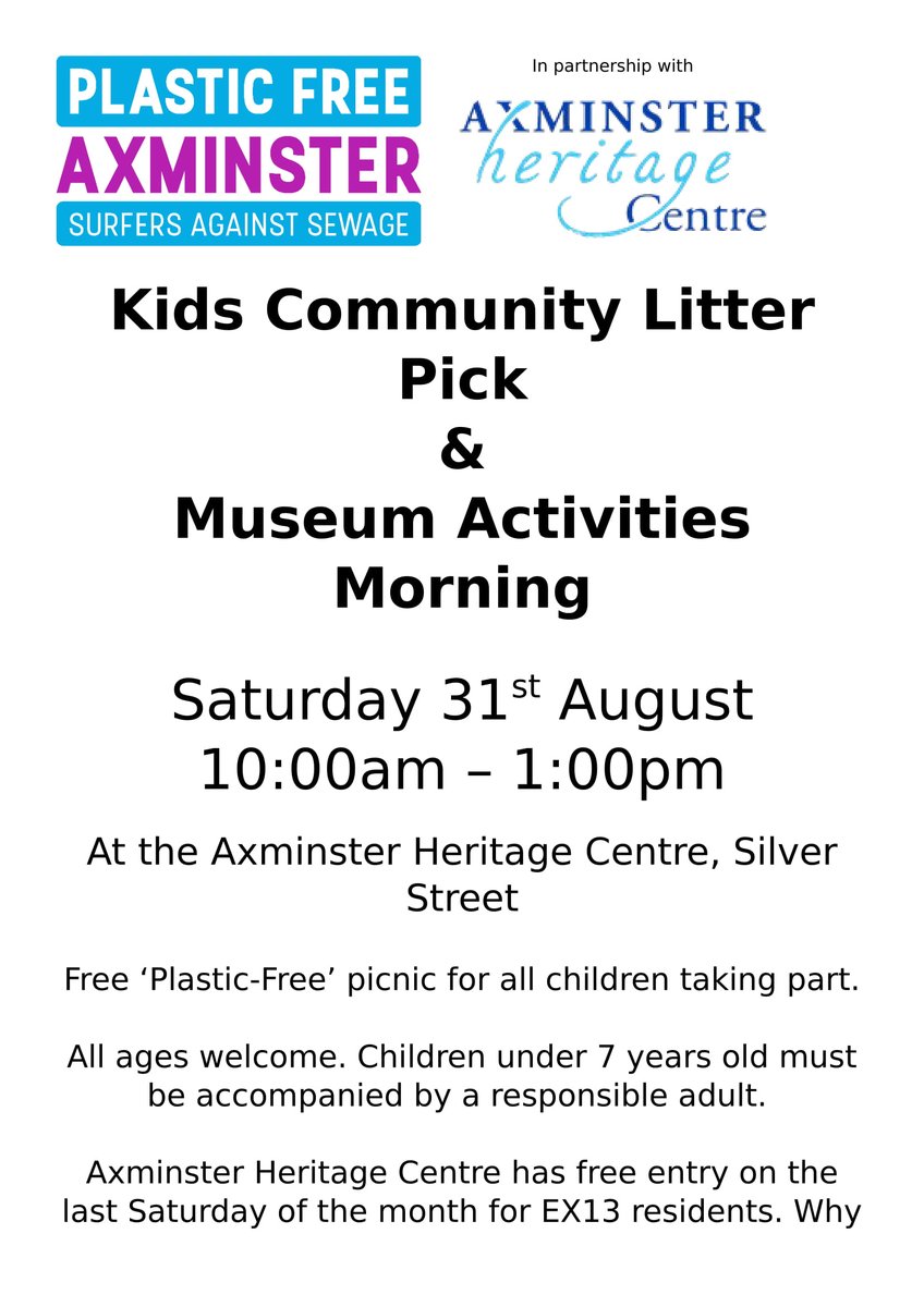 Join us for our first Kids Litter Pick and Museum Activities Day on Saturday 31st August at the Axminster Heritage Centre in Silver Street. This is a FREE event. #litterpick #surfersagainstsewage #plasticfreecommunities #museumsarecool #bringinghistorytolife #gardenpicnic