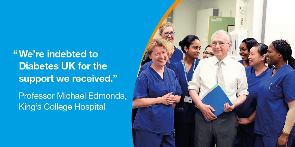 DiabetesUK's tweet photo. In the '80s, our #research funding allowed Prof Edmonds to set up the UK’s first diabetic foot clinic. It revolutionised care for people with foot complications - and in its first three years, the number of amputations had halved. Read the full story: https://t.co/GPKLQPBQQf https://t.co/YjRroyhKfu