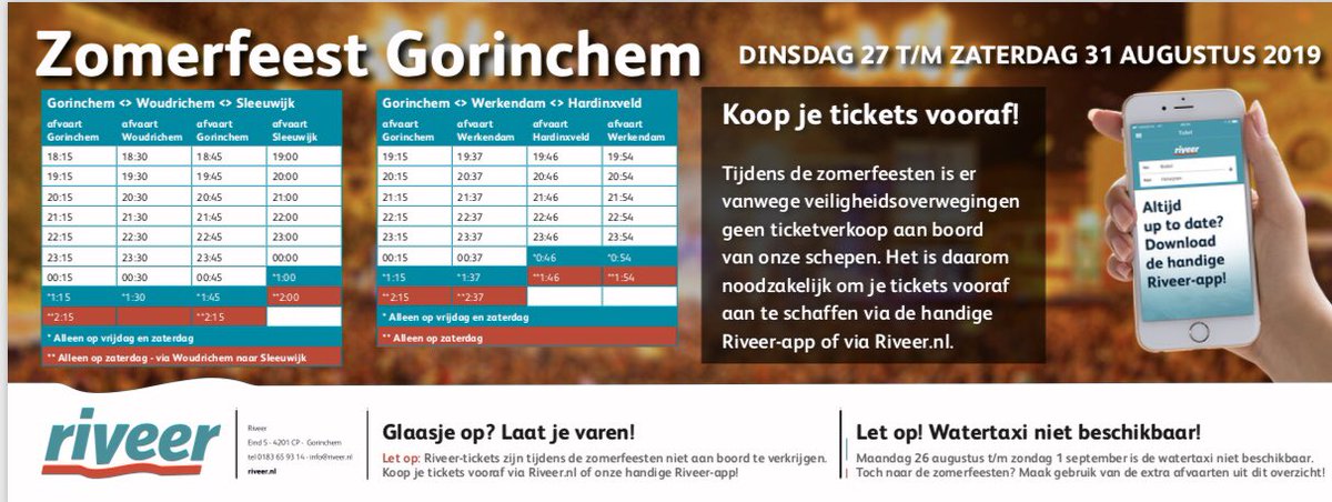 vdriveer's tweet photo. #Zomerfeest #Gorinchem #extra-afvaarten #27-31 augustus #geenticketverkoopaanboord #koopjeticketvooraf #riveerapp #watertaxinietbeschikbaar #glaasjeoplaatjevaren #riveer.nl https://t.co/kiHxs4TXE6