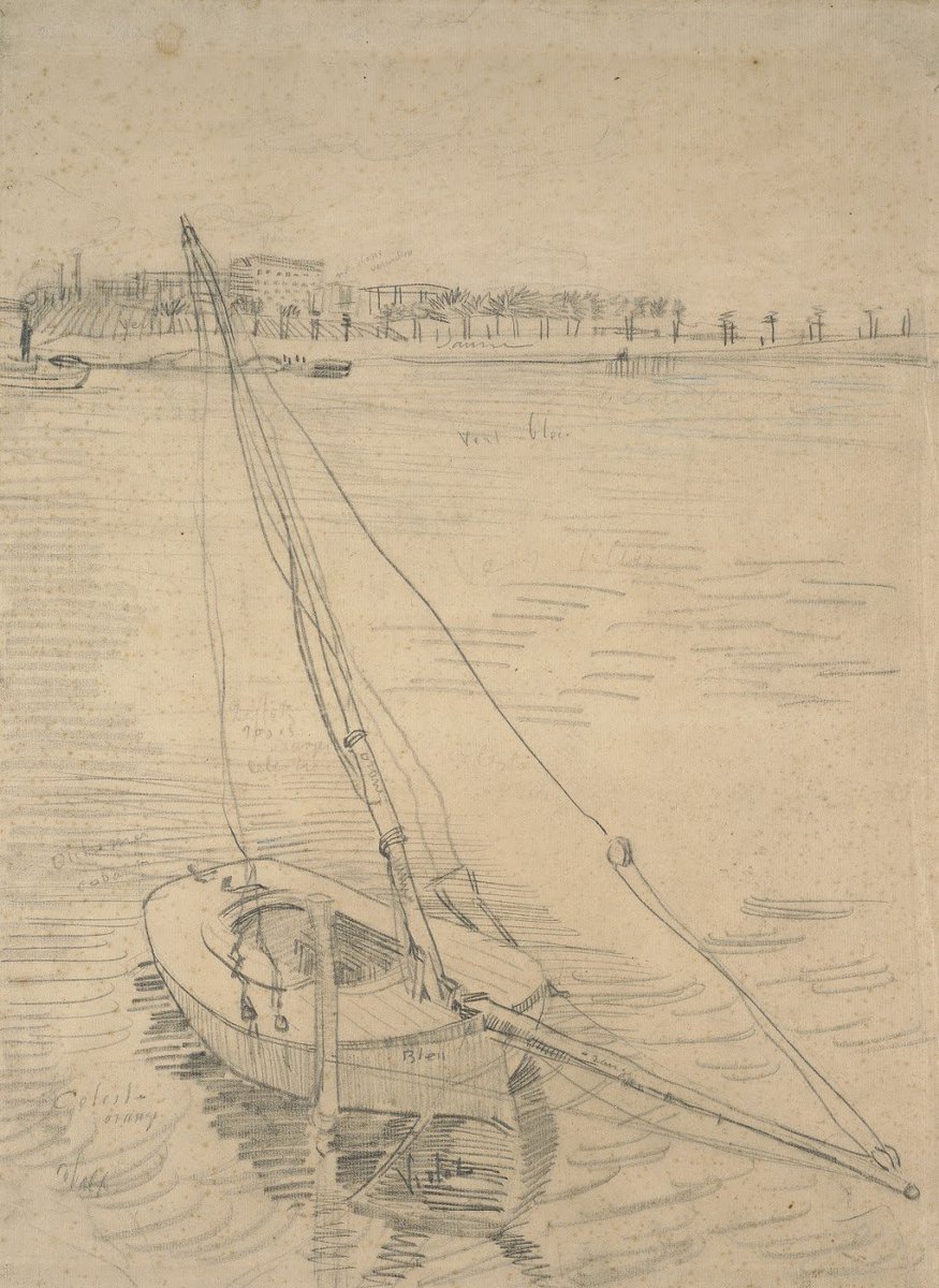 vangoghmuseum's tweet photo. The painting that Van Gogh never got around to making. Van Gogh probably wanted to develop this pencil drawing into a watercolour or a painting. He noted the colours he intended using, such as ‘orange’ in the mast and ‘violet’ in the water lower down. https://t.co/YOv27Gd4GW