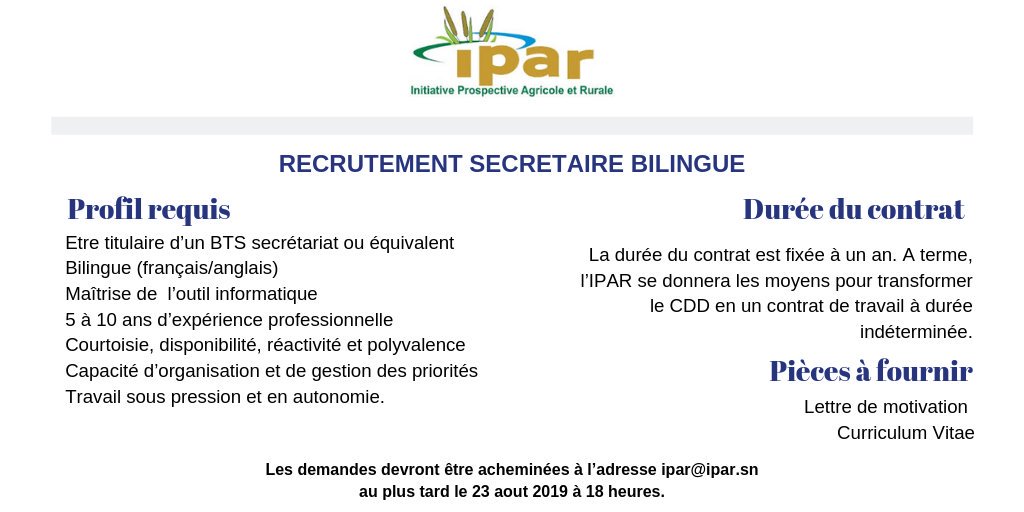 IPAR_ThinkTank's tweet photo. 💥@IPAR_ThinkTank recrute un(e) secrétaire bilingue
➡️Lettre de motivation et CV à déposer au plus tard le 23 aout 2019 à 18h
https://t.co/9dmmWEl3Mf
 #Emploi #Job #kebetu https://t.co/EBR409vnNr