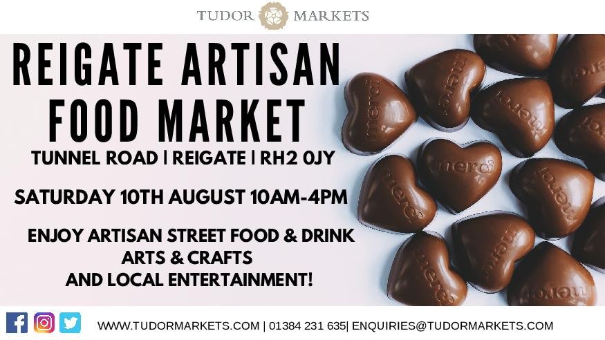 reigatebanstead's tweet photo. Are you visiting Reigate tomorrow? Come along to the Reigate Artisan Food Market in Tunnel Road from 10am-4pm. Enjoy artisan street food and drink, browse stalls selling hand-made goodies by local makers and enjoy the live entertainment - plenty for everyone! #myrbbc #reigate https://t.co/MdNJOAhLVM