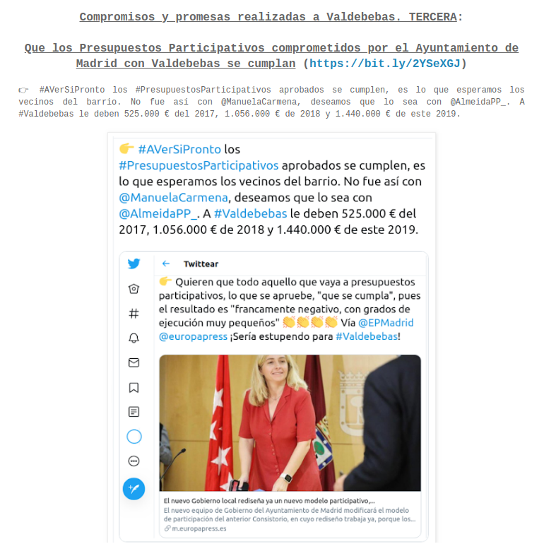 JavierCaso's tweet photo. @PinrelMaximus @cristinasegui @WillyTolerdoo @mescojono @BolboDog @Ayusers_ @Madonna_Ayuso @muytabernarios @Girauters @LosMeconios @EstadoDAlarmaTV @AlfonsoRojoPD @JMDHortaleza 👉 Que #AntesDeFinDeLegislatura cumplan los #CompromisosConValdebebas.

👉 Por ejemplo que los #PresupuestosParticipativos pendientes de ejecución por el @MADRID con #Valdebebas se ejecuten (525.000 € de 2017, 1.056.000 € de 2018 y 1.440.000 € de 2019).
https://t.co/w7Vktr8BDY