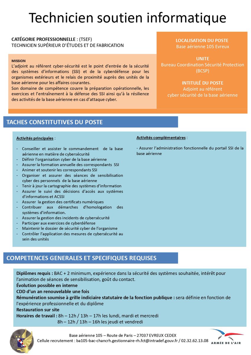 La base aérienne recrute un adjoint au référent cyber sécurité 💻💽.   Retrouvez toutes les informations sur la fiche de poste ⬇️⬇️ @Poleemploi_Ndie <a href="/epn_27/">Évreux Portes de Normandie</a> <a href="/VilleEvreux/">Ville d'Evreux</a> <a href="/CCIPDN/">CCI Portes de Normandie</a> @Medef_Normandie @NormAeroEspace <a href="/NormandieActu/">Normandie-Actu</a>
