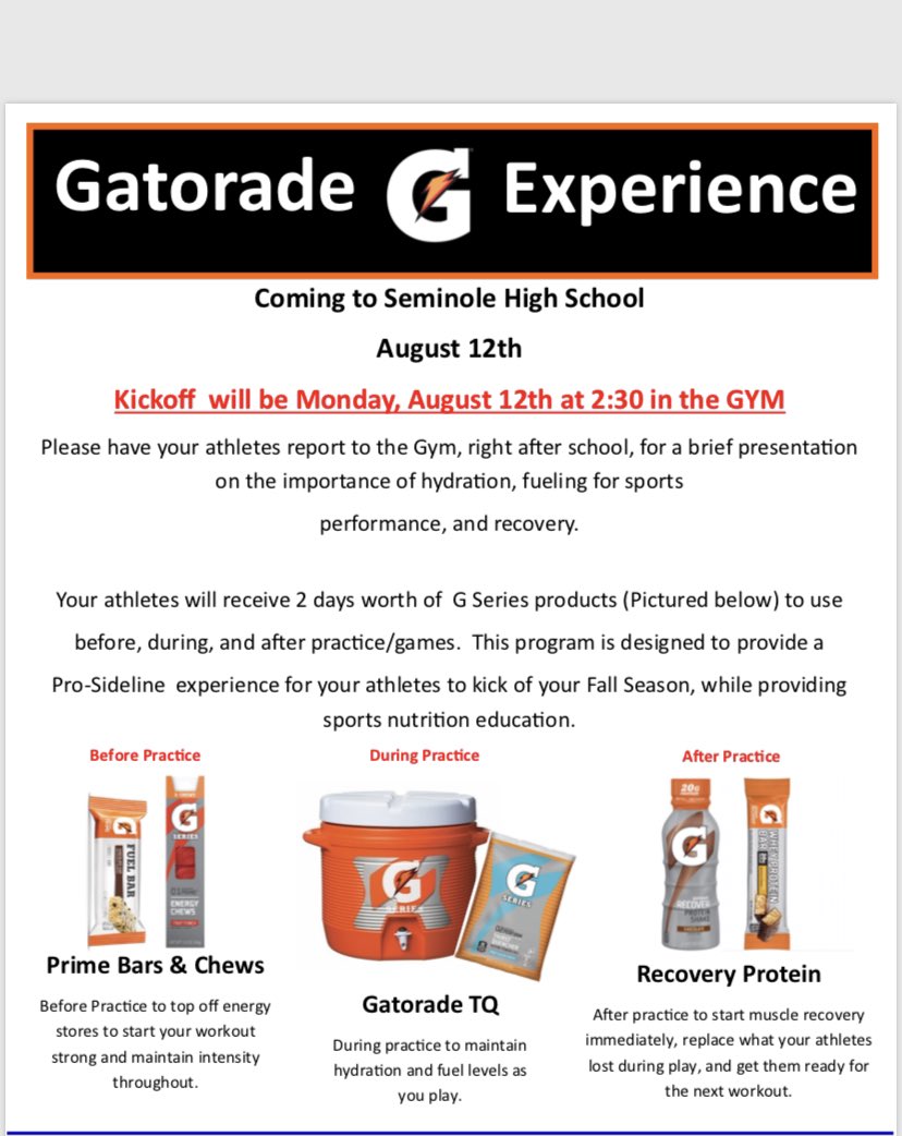 All SHS Athletes currently on a fall roster or returning athletes, be in the gym on Monday August 12th by 2:30pm for a quick presentation by Dr. Rodriguez and Gatorade. <a href="/JRod3510/">JordanRodriguez Ed. D</a> @NoleAquatics <a href="/NolesBoysLax/">NolesBoysLax</a> <a href="/NolesSoccer/">SHS Soccer⚽️🔶▪️</a> @NolesFootball_ <a href="/shsnolescheer/">SHS Cheer</a> @