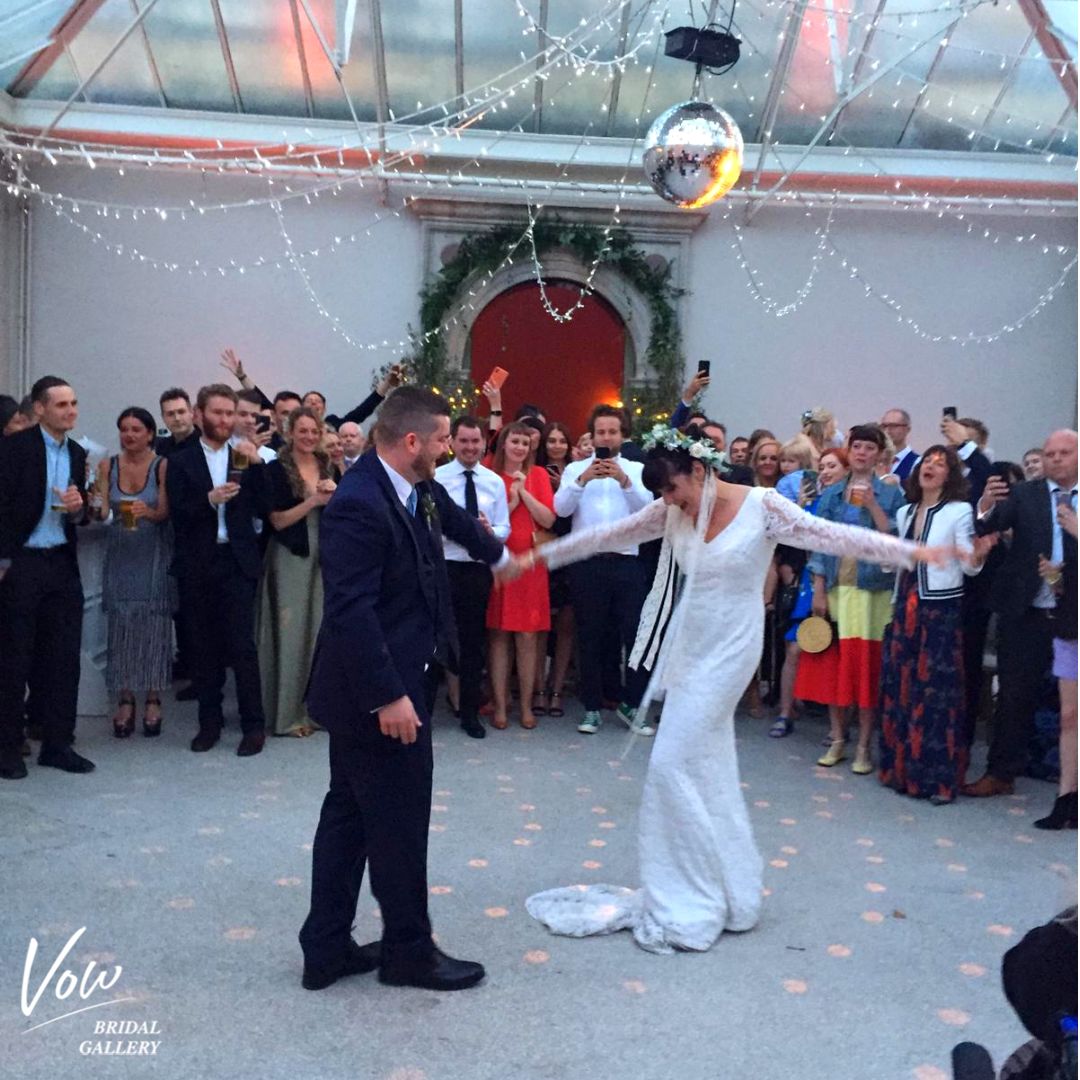 A dreamy Hampton Court House wedding... 😍  Our beautiful bride, Chloe, wearing THEIA (Nicole)! We just adore the lace ribbon and flower crown perfectly set off this beautiful dress too. ✨