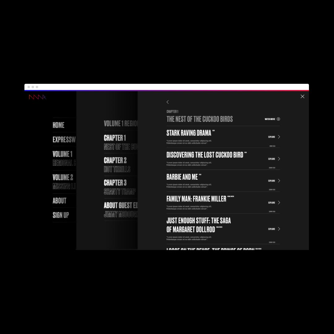 Multi layered menu system we designed for the content rich byNWR. Explore Nicolas Winding Refn's new project at byNWR.com #design #websitedesign #websitebuild #UX #UI #madebysubism #bynwr