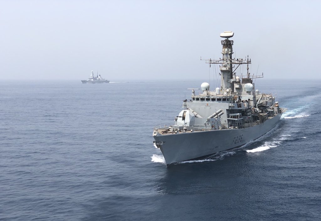 Following a short stop in the UAE 🇦🇪  to rest the Crew and replenish stores; #HMSMontrose is back at sea and ready to escort British merchant shipping in the #StraitofHormuz. She joins <a href="/HMSDuncan/">HMS Duncan</a> who has remained on task throughout.