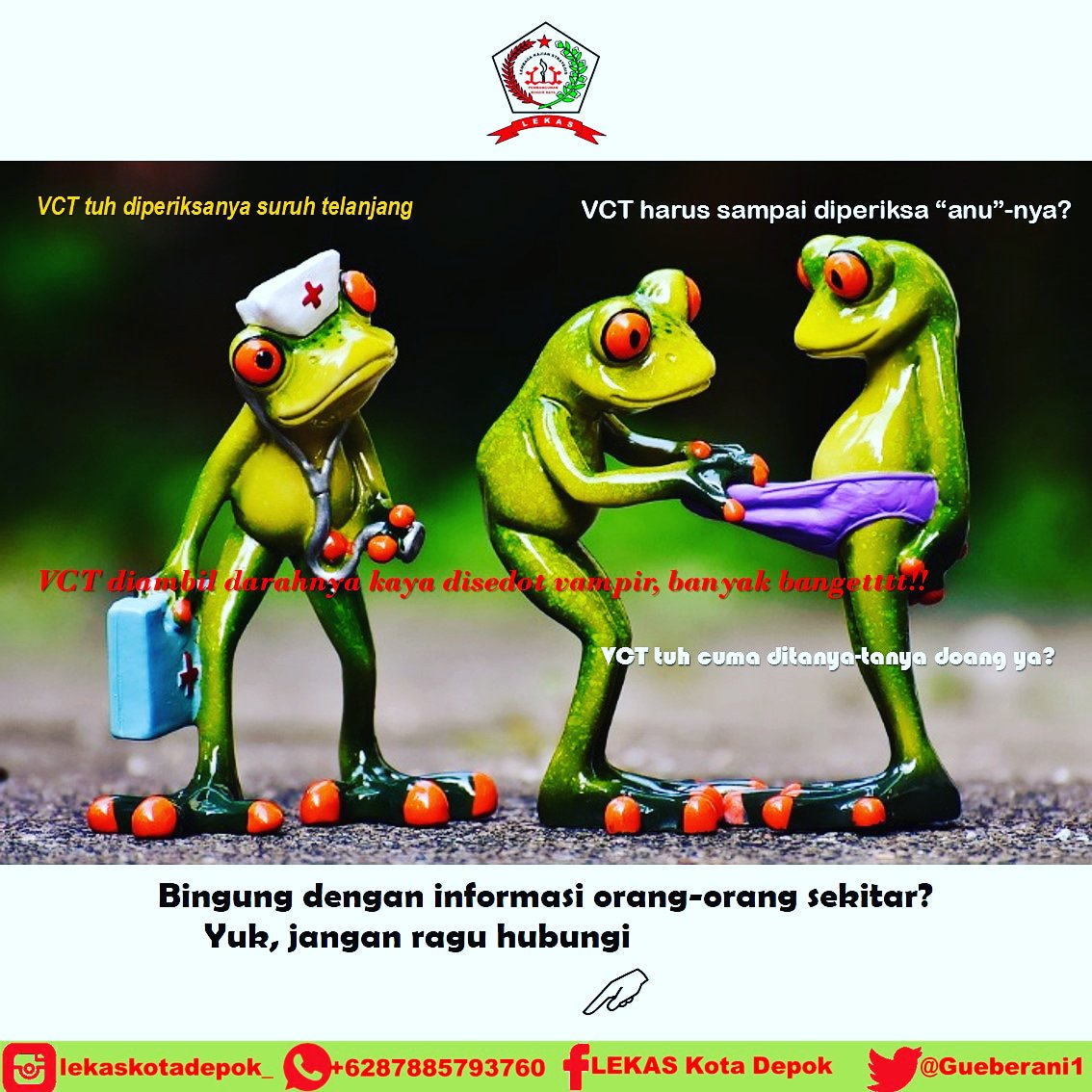 Gueberani1's tweet photo. Yuk yang mau VCT, jangan dengerin kata orang aja! TanyaΒ² ke petugas penjangkau dong, biar dibantu dan diarahkan! π
#informasikesehatan #infohiv #infovct #vctgratis #teshiv #tesvct #testvct #testhiv #lekasdepok #lekasbogor #tanya https://t.co/5Lpgf23F4U