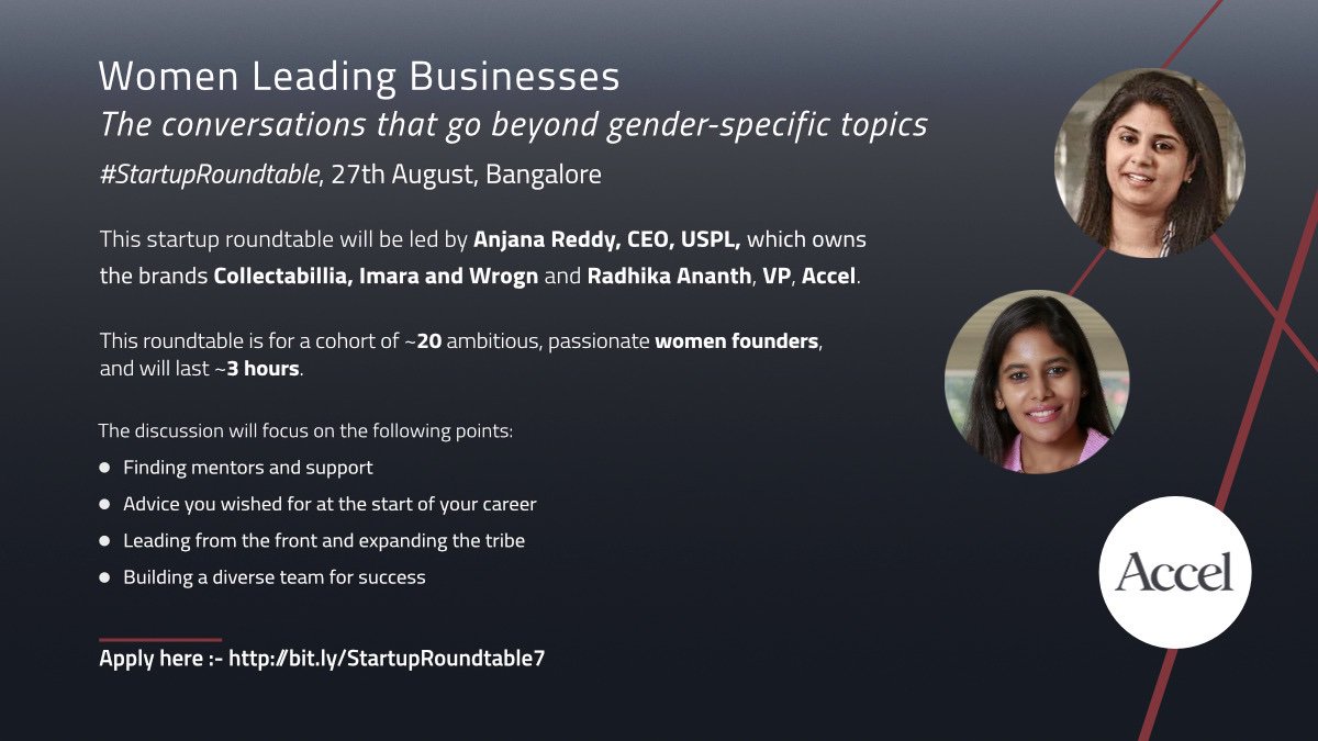 ArthTiwari98's tweet image. RT YourStoryCo: RT Accel_India: For all passionate #FemaleFounders blazing their path to success. atredd and RadhikaAnanth are excited to host you at the latest #StartupRoundtable to discuss topics from leadership to mentoring to developing the right tea…