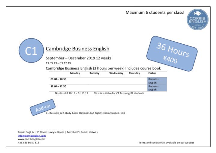 CorribEnglish's tweet photo. Cambridge Business English - one morning per week, September to December. Great for improving your professional communication 
#businessenglish #galway #corribenglish #learnenglish https://t.co/BFCUwukhKp
