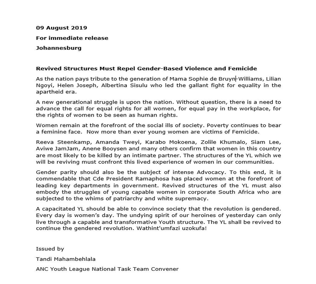 ANCYLhq's tweet photo. Statement by the National Convener of @ANCYLhq @MahambehlalaT 

#WomensMonth2019 https://t.co/WHUqloeeVz