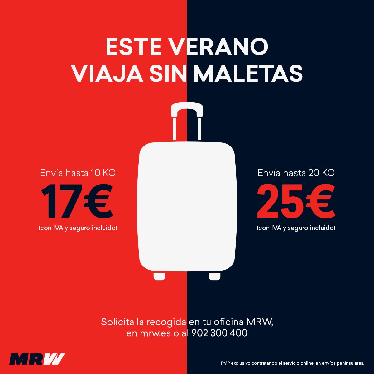 Si en este tramo final del #verano te vas de #vacaciones 😁 o ya tienes que volver 😫 confía en MRW para llevar tus maletas 🧳... ¡Desde 17 € IVA incluido! 

📲 Precio exclusivo contratando online en mrw.es/particulares/

☺ #MRWentregados
