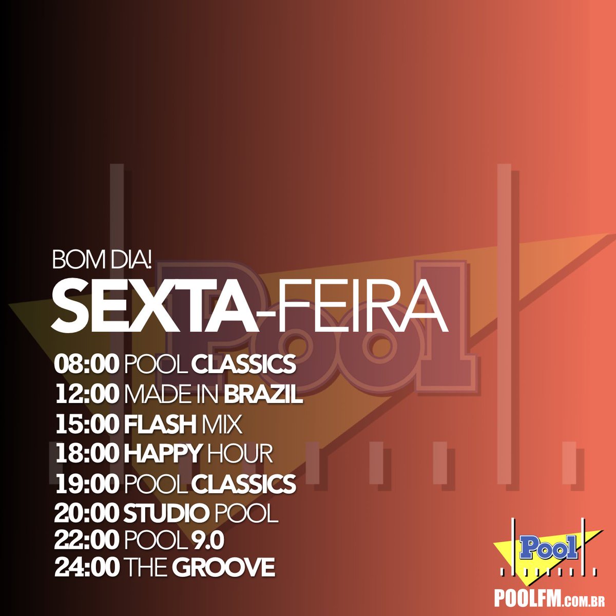poolfmoficial's tweet photo. 😃 Chegou a SEXTA-FEIRA na #PoolFM e a gente já está em clima de fim de semana. Confira hoje 👉#MadeInBrazil #FlashMix #HappyHour #PoolClassics #StudioPool #Pool90 #TheGroove https://t.co/vBOTkxw9HK