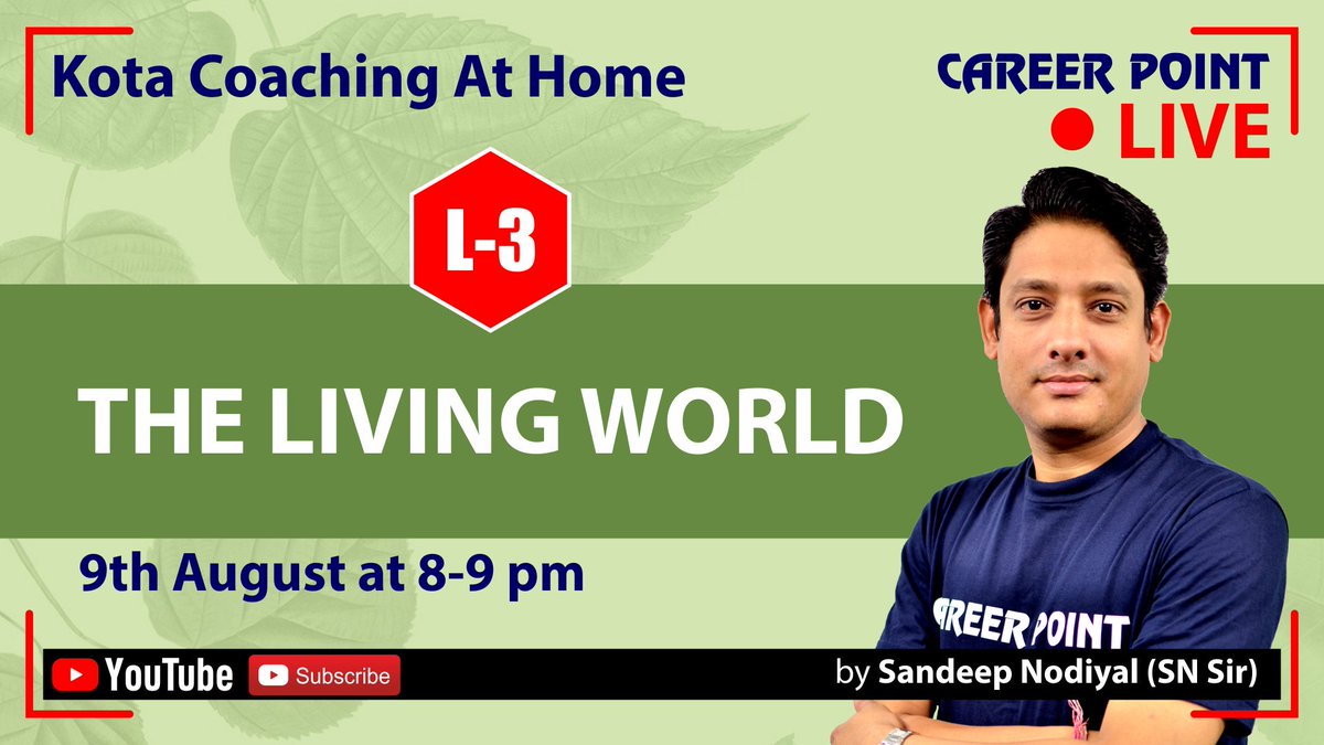 careerpointltd's tweet photo. Free Coaching for NEET Preparation by Career Point Kota. Watch Biology premiere session today at 8:15 pm on youtube. "The Living World". Click to set a reminder- https://t.co/pclZgufyXE

#biologylecture #neetpreparationvideos #CPKota #KotaCoaching #LiveClasses #kotacoachingathome https://t.co/zEw71AT0hp