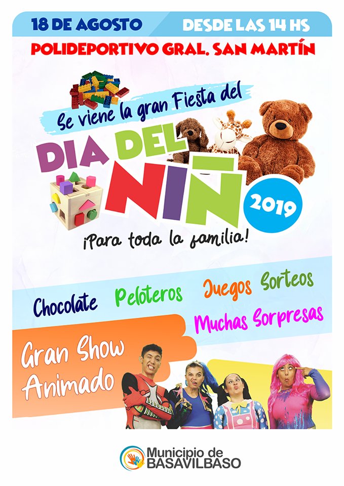 MuniBasavilbaso's tweet photo. Se viene el evento esperado por todos los "gurises" y las familias, se viene la "Gran Fiesta del Día del Niño 2019"

#ParaAgendar
#DíaDelNiño2019 https://t.co/ANUT6O9lJ2