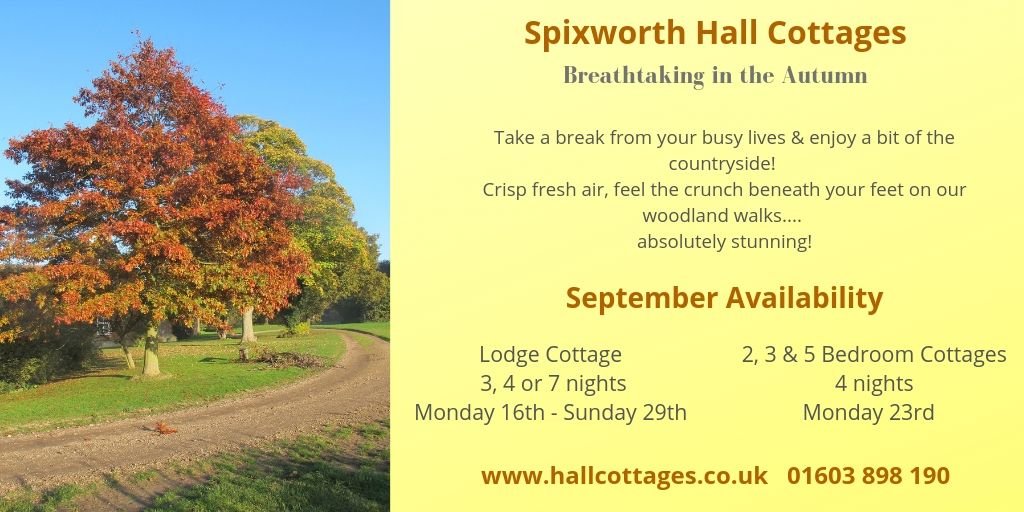 Spixhallcottage's tweet photo. Autumn breaks at Spixworth Hall Cottages are available....see the leaves change colour, breathe the crisp fresh air, enjoy the crunch of our woodlands under your feet....absolutely glorious! 👍 #autumn #spixworthhallcottages #stunningbreaks https://t.co/M7c1yOqWz4