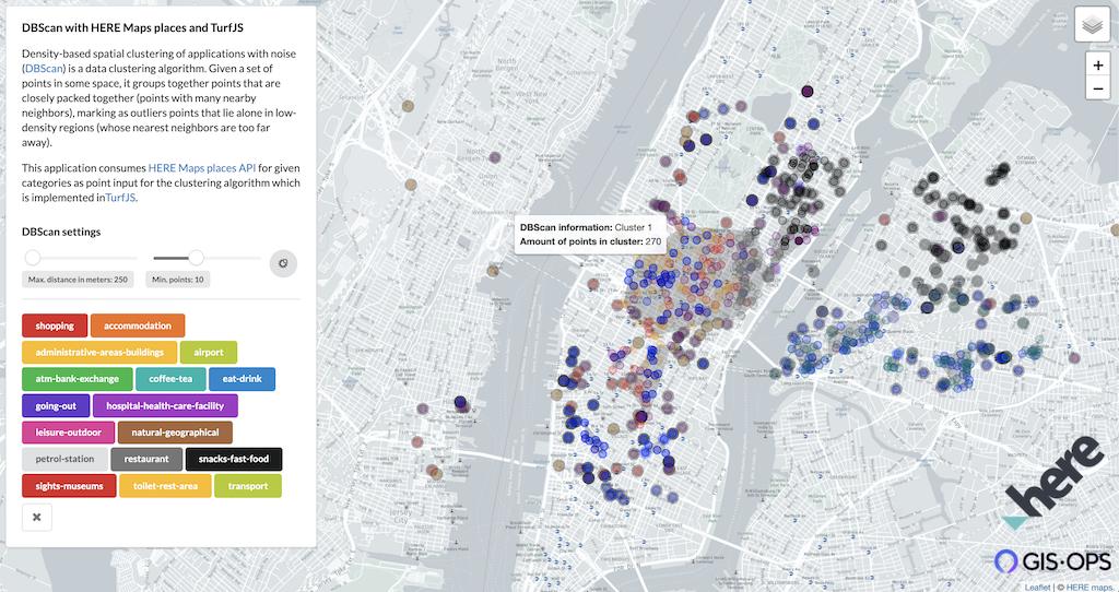 We have built a handy web app with @heredev @reactjs @LeafletJS & @turfjs which fetches points of interest from the almighty #HereMaps API and gives you the ability to cluster them with #TurfJS #DBScan implementation  turfjs.org/docs/#clusters… gis-ops.github.io/dbscan-cluster… 🌍🌎🌏