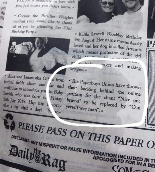 The Daily Rag paperboys are now supporting the campaign to replace shouting "Nice one bruvva" with "oan yersel wee man" 🗞 
 <a href="/BogginsRob/">The Daily Rag</a> <a href="/BoomtownFair/">Boomtown Festival</a>