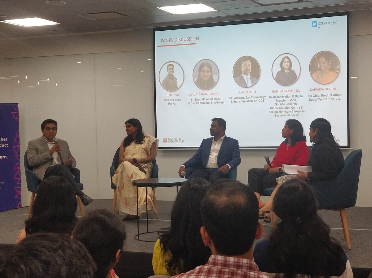 Grand kick start to the event Women in Product, bringing together women in product @SocGen_India. On the panel we have <a href="/_gurubhat_/">Guru Bhat</a>  <a href="/sshalini/">Shalini Sankarshana</a> <a href="/rathnaprabha_tm/">RATHNAPRABHA TM</a> Ajay Samuel and Kaivalya sharing their views on Digital Revolution #DiversityandInclusion