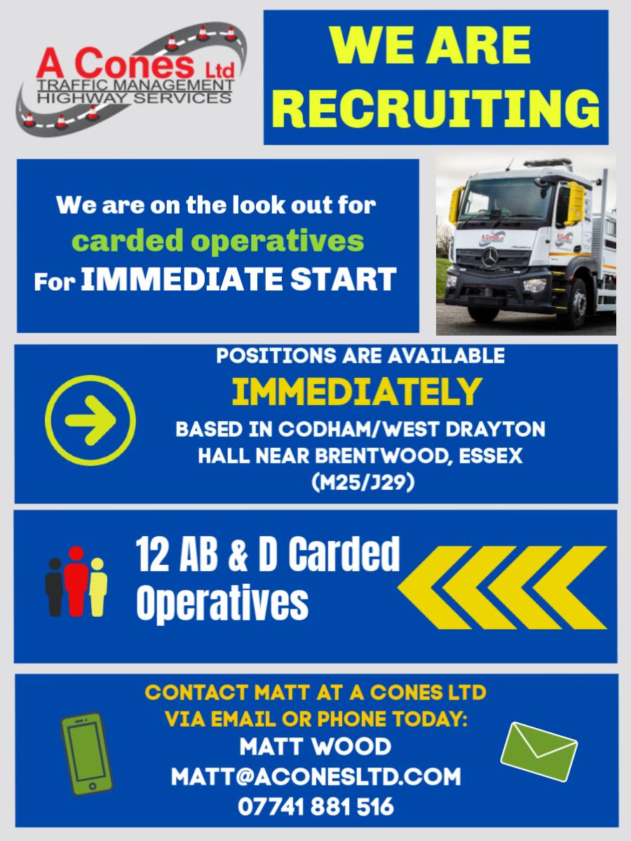🚦 12AB &amp; D Carded operatives required to work out of Codham / West Drayton Depot near Brentwood, Essex

Contact Matt Wood on 📞07741 881516 📧 matt@aconesltd.com

On behalf of our sister Comapny A Cones Ltd #trafficmanagement #highwayservices