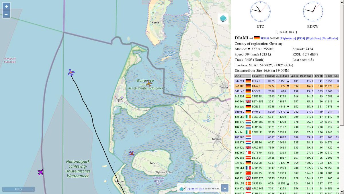 AboveEDXW's tweet image. #DIAMI: 9.5 km out at 3075 ft - heading N with 407.4 km/h. 3e1888 / 7424 / 12:44:52 #GWT #EDXW #ADSB