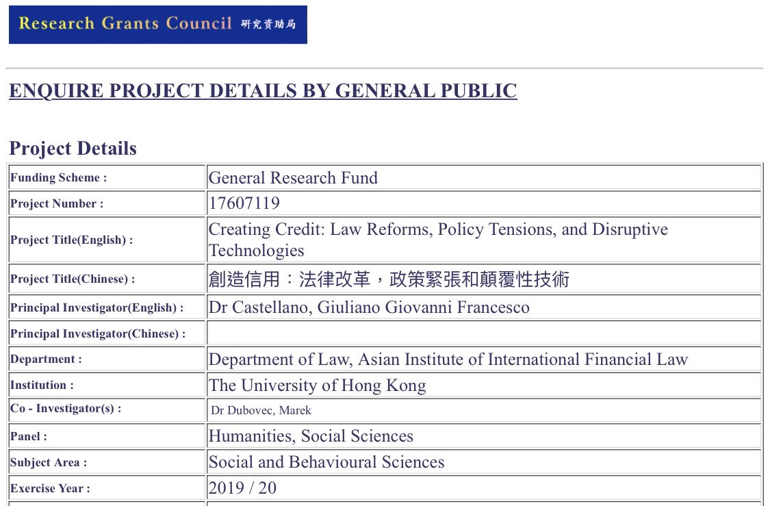 I’m thrilled to announce that we got funded by the General Research Fund (GRF) of the HK's Research Grants Council (RGC).

With Marek Dubovec <a href="/NatLaw92/">Kozolchyk National Law Center</a> we will investigate: “Creating Credit: Law Reforms, Policy Tensions, and Disruptive Technologies” 

cerg1.ugc.edu.hk/cergprod/scrrm…
