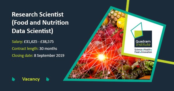 TheQuadram's tweet image. We are looking for a food &amp;amp; #nutrition data scientist to drive predictive food data analytics in our @FoodDatabanksQI team, using machine learning on existing &amp;amp; novel food composition, behaviour, biological &amp;amp; #microbiome data quadram.ac.uk/vacancies/rese…
