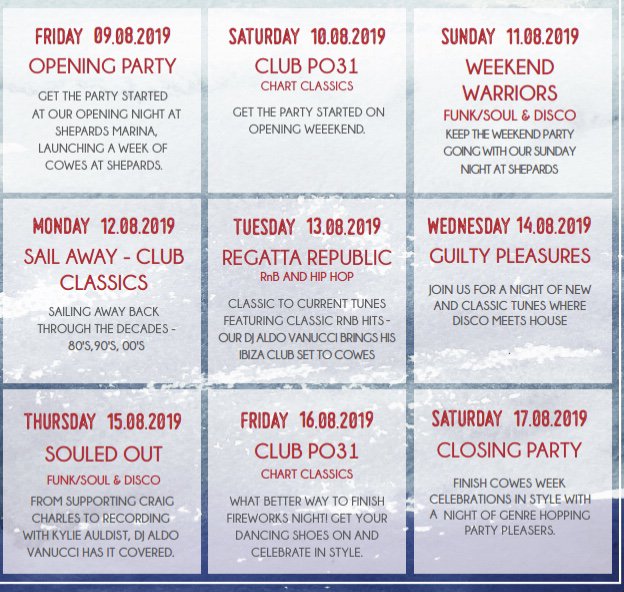 We have a great line up for our nightclub this week. Opening night tonight - #shepardsmarina #cowesweek