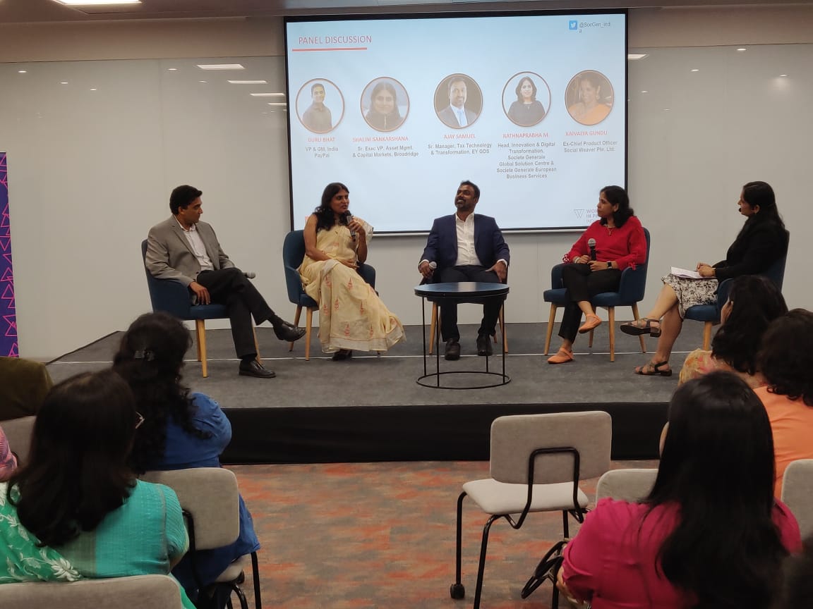 A unique networking and gender diversity event @SocGen_India with <a href="/womeninproduct/">Women in Product</a>.Panelists addressing aspiring technologists on embracing tech responsibly and with long term commitment. Case studies from SocGen, Paypal, EY GDS, Broadridge with insightful inputs.#FutureIsYou