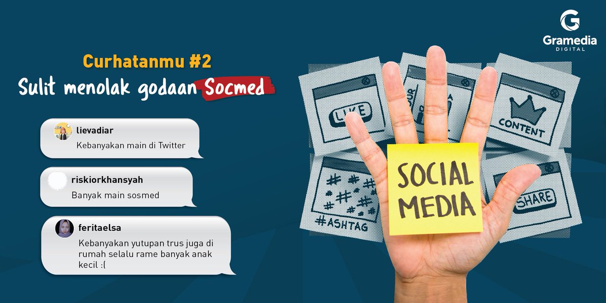 gramediaebooks's tweet image. Oke, oke. Kembali ke topik ya...

Kalau jawabannya adalah socmed, maka kamu punya kesamaan dengan banyak dengan para warga negara berkembang yang curhat ke kami. 

Nah, untuk yang mau kabur sesaat untuk #MerdekaDari godaan socmed, kami punya caranya.