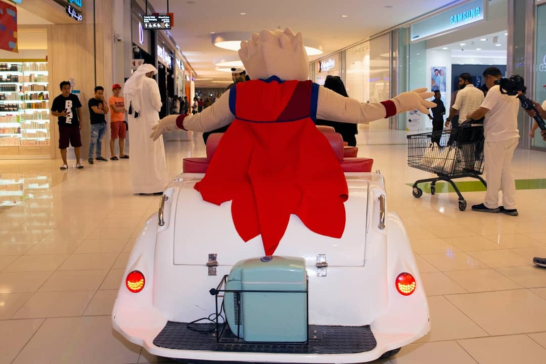 IAAFDoha2019's tweet photo. Falah the falcon 🦅 the official #Doha2019 mascot in a mall ride to find and invite fans to this year's biggest sports event in the Middle East! Everyone absolutely loves him ❤️ #FollowFalah https://t.co/6X9bvIBFuc