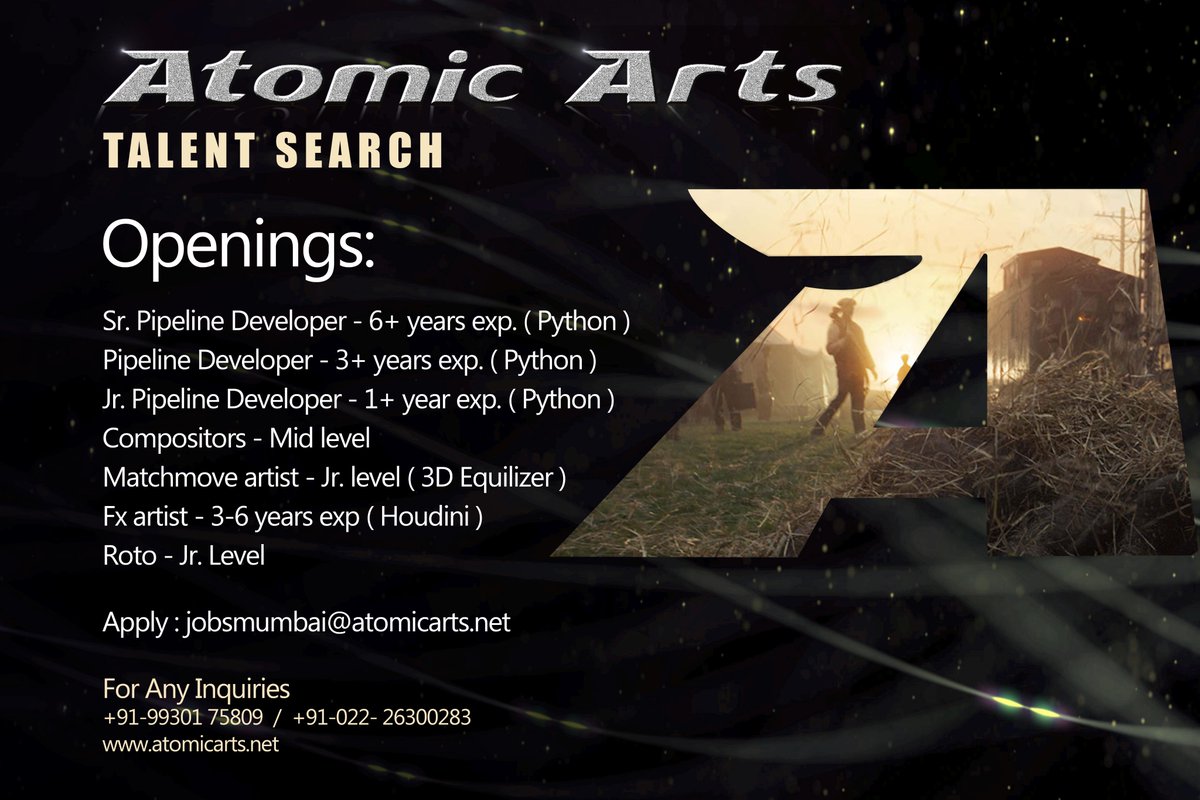AtomicArtsVFX's tweet image. WE&apos;RE HIRING!!!

Atomic Arts are looking for creative and talented artists to join our fantastic Mumbai team. 

If you fit into the openings described below and are interested in joining us then please apply! 
#vfx #visualeffects #pipelinedeveloper #python #artists #compositors