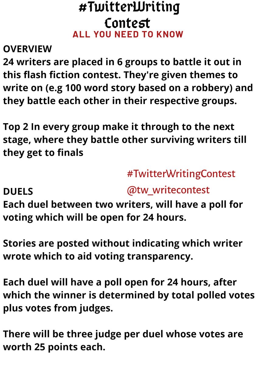 ItsUncleStephen's tweet image. Full information of how the contest works, stories from top 24 writers so far, and the duels between writers as the competition progresses can be found below and in THE LIKES of our official #TwitterWritingContest handle @tw_writecontest