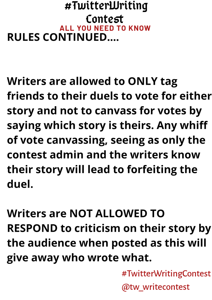 ItsUncleStephen's tweet image. Full information of how the contest works, stories from top 24 writers so far, and the duels between writers as the competition progresses can be found below and in THE LIKES of our official #TwitterWritingContest handle @tw_writecontest