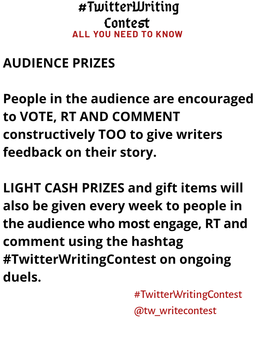 ItsUncleStephen's tweet image. Full information of how the contest works, stories from top 24 writers so far, and the duels between writers as the competition progresses can be found below and in THE LIKES of our official #TwitterWritingContest handle @tw_writecontest