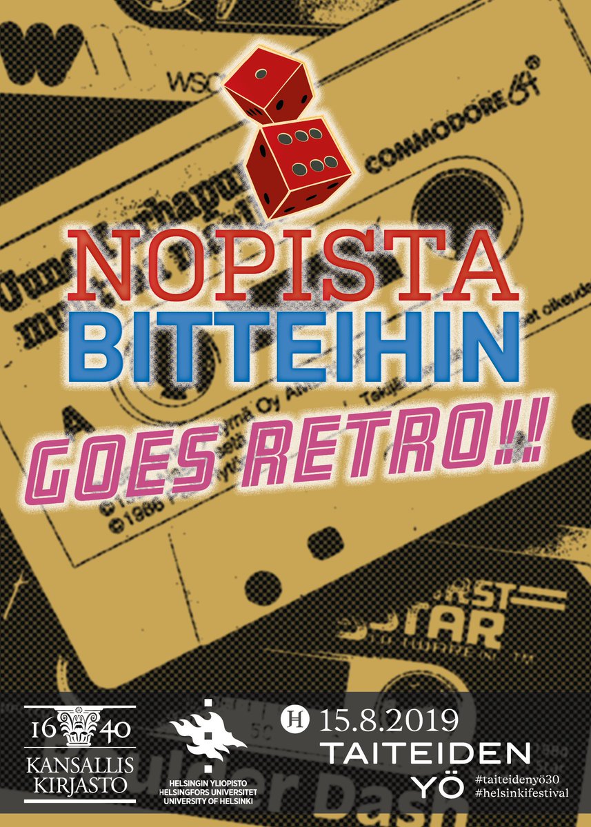 NatLibFi's tweet photo. Taiteiden yönä 15.8. kello 19-21 Agricola-salissa pelataan #commodore64 #Nintendo. Samalla Galleria-tilassa on edelleen auki #nopistabitteihin #pelinäyttely, jossa näytillä muun muassa "Tasavallan tietokone" sekä melkoinen kattaus #amersoft -pelejä. https://t.co/CXKHZQ5NKN
