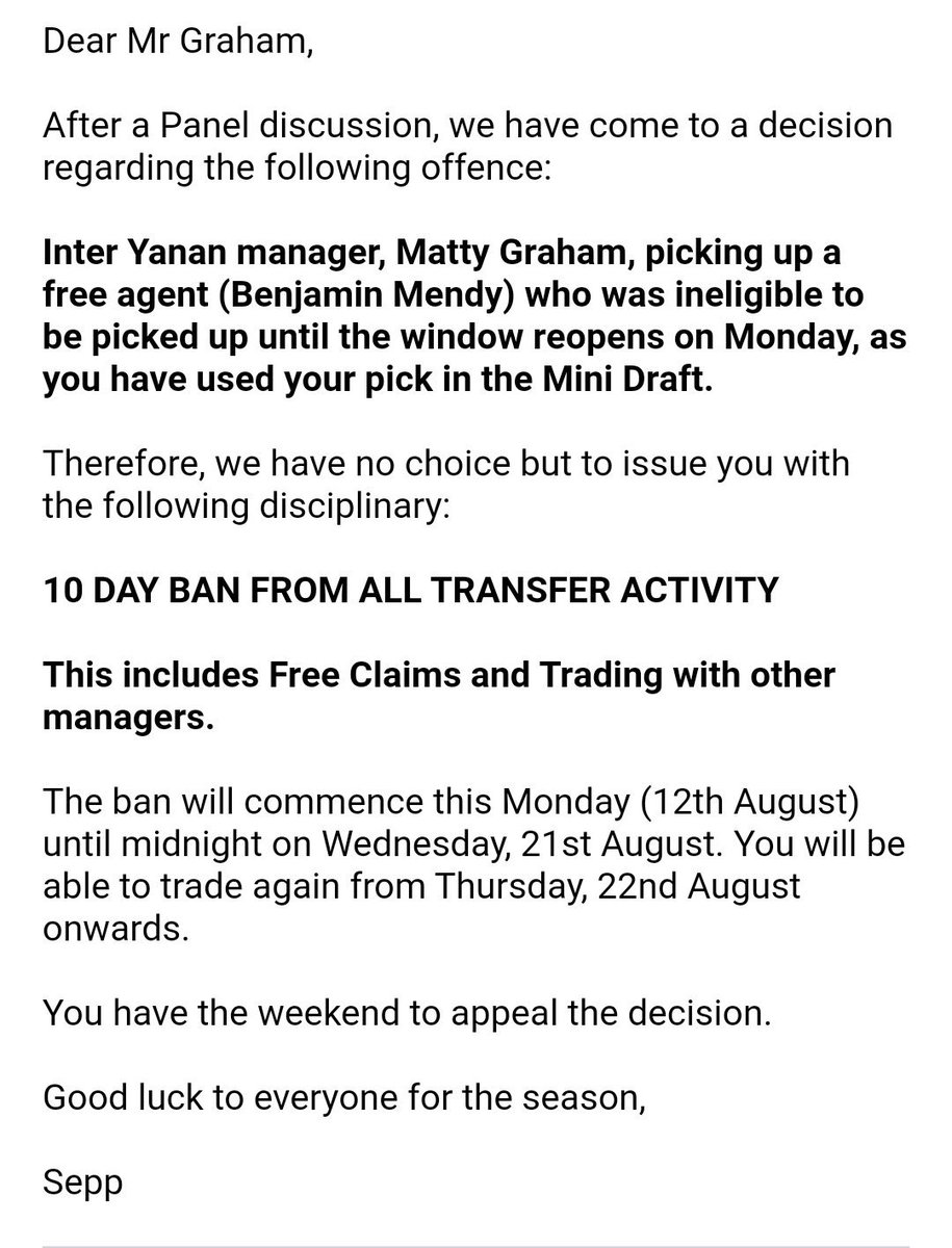 TheDraftTweets's tweet photo. RIDICULOUS! Season hasn't even started and The Draft Panel have had to issue our 2nd punishment already. Transfer Ban for Inter Yernan FC.

#Fantrax #DraftEPL #FantraxEPL #FantasyFootball #fantasypremierleague https://t.co/v7jOZ0ZqaZ