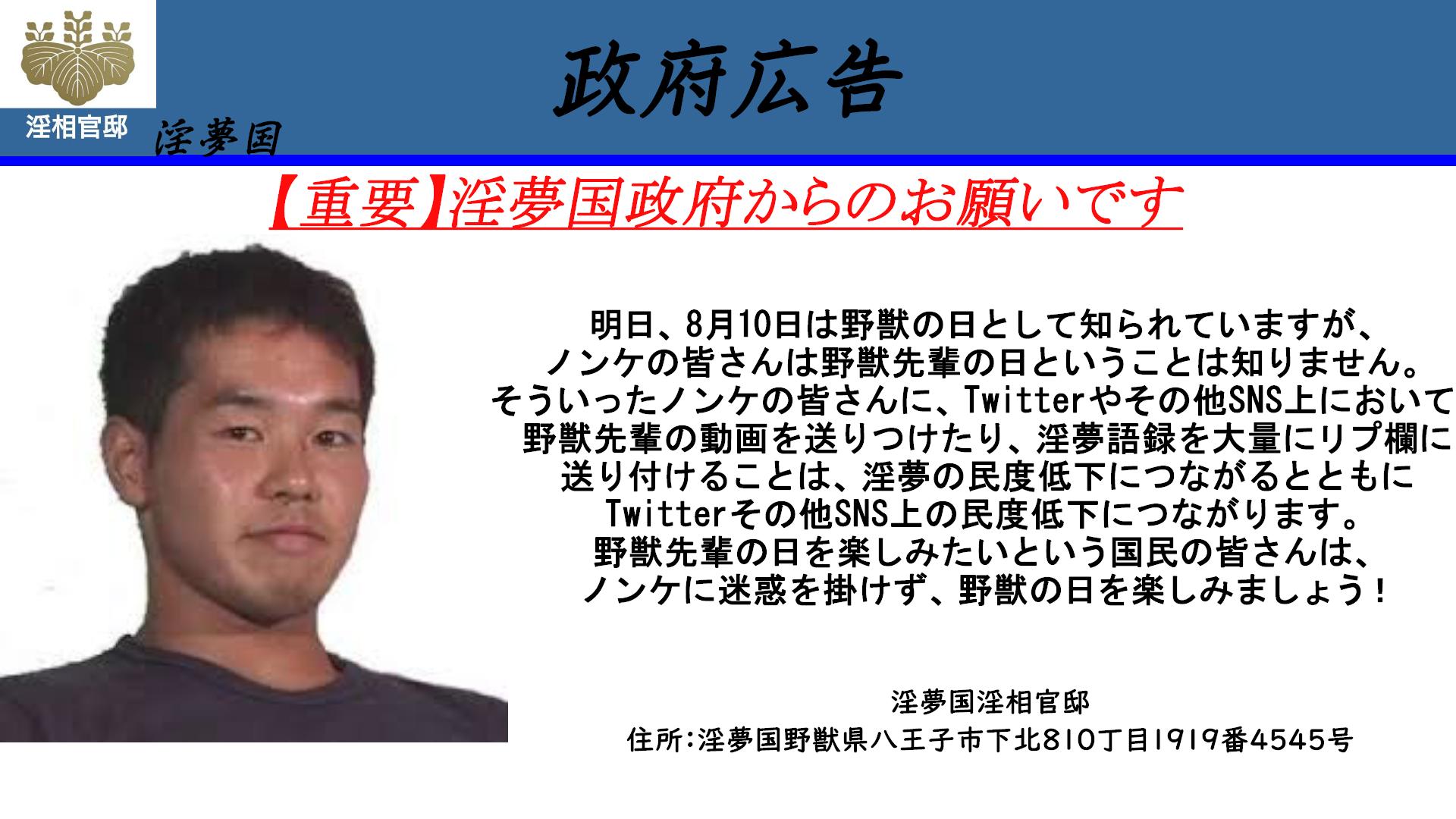 淫夢国淫相官邸 Prime Minister S Office Of Inmu 明日の野獣の日に向けての注意喚起です 政府広告 淫夢国 野獣の日 8月10日