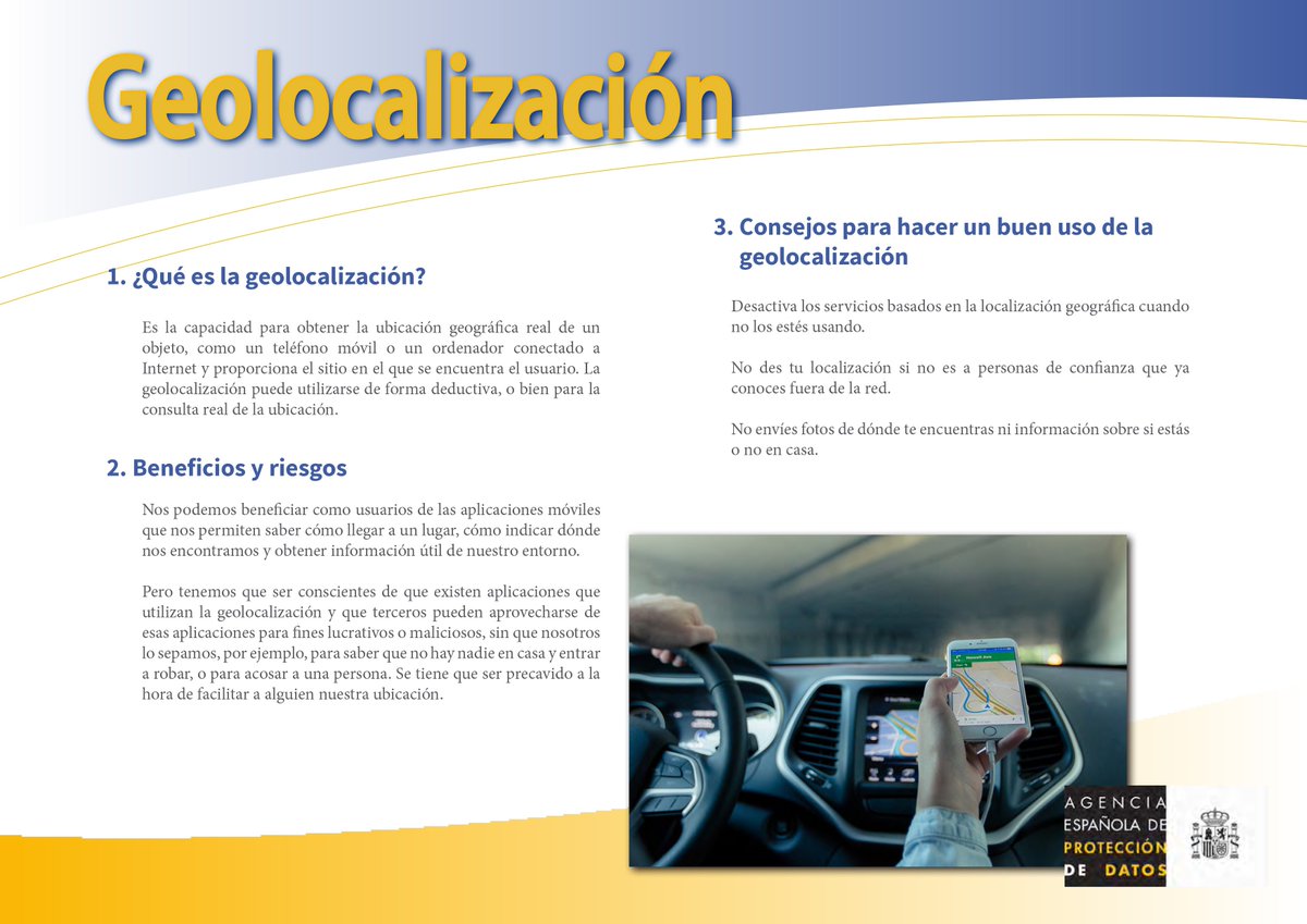 La #geolocalización es una funcionalidad muy útil pero que puede ser utilizada por terceros para saber dónde estás con fines maliciosos. 👀 Sigue estas recomiendaciones y #protegetusdatos. Más info aquí: aepd.es/media/fichas/f…
