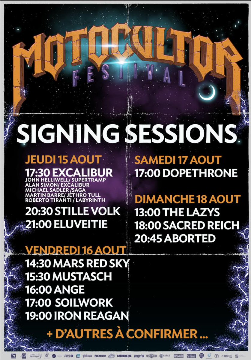 MotocultorFest's tweet photo. #SIGNINGSESSIONS
[UPDATE - Jeudi 15 aout - 17h30]
Excalibur - The Celtic Rock Opera / Official Site
John Helliwell / Supertramp
Alan Simon / Excalibur
Mickael Sadler / SAGA
Martin Barre / Jethro Tull
Roberto Tiranti / Labyrinth https://t.co/CnrFLZX8fG