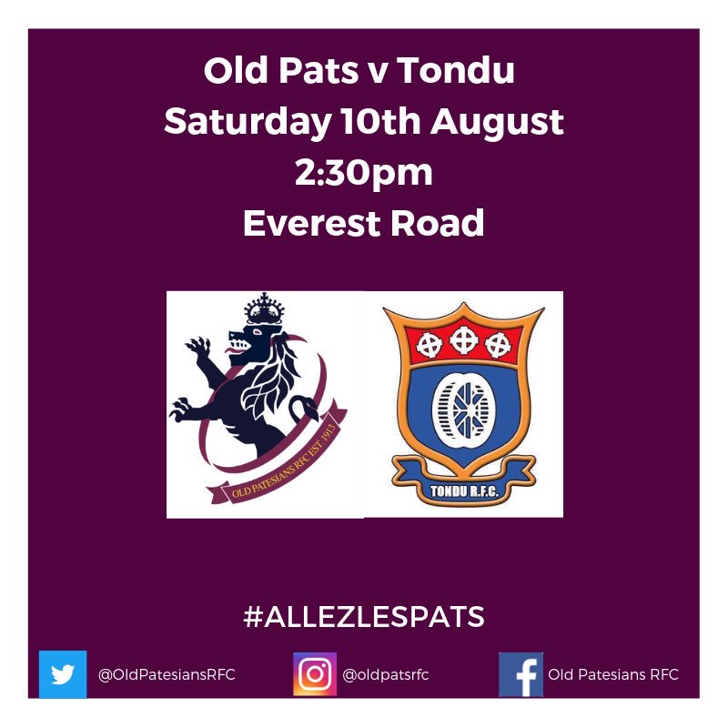 OldPatesiansRFC's tweet photo. Tomorrow sees #OldPats in action for the first time in the 2019/20 season. Come along to Everest Road to see the new faces (and old!) v @WaterWheelers #AllezLesPats https://t.co/beKCAMj05O
