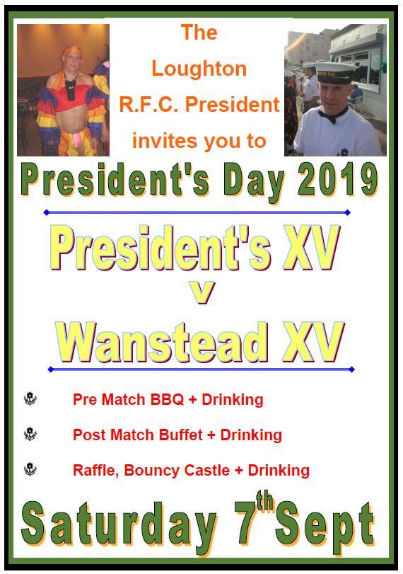 President’s Day - Sat 7th Sept 
3pm KO v <a href="/WansteadRFC/">Wanstead Rugby Club</a> 
Bring friends and family to kick off the new season! 🏉🍺👨‍👩‍👧‍👦
#Rugby #loughtonrugby #family #yourrugbyclub