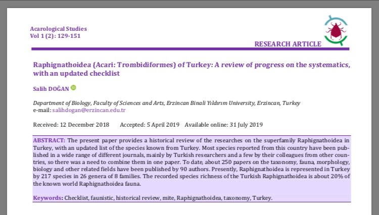 acarological's tweet photo. Raphignathoidea (Acari: Trombidiformes) of Turkey: A review of progress on the systematics, with an updated checklist https://t.co/dUr09p2mvm. #acari #mite #acarology #arachnida #raphignathoidea https://t.co/5FOvjHUX18
