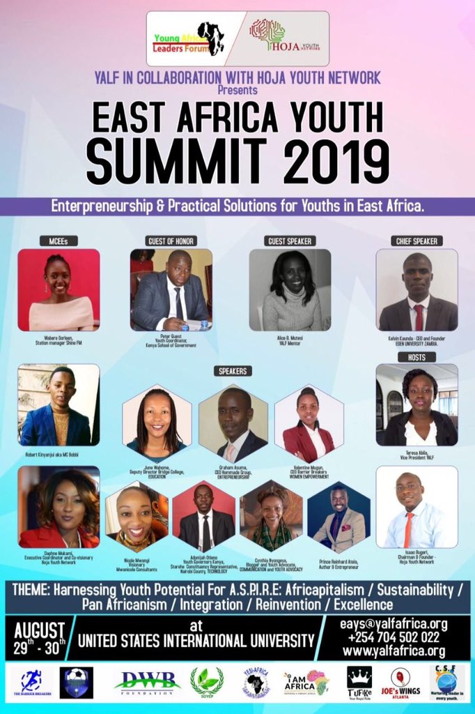 YalfAfrica's tweet photo. August is here &amp; #EAYS2019 is here

YALF invites you to join our life-changing youth development summit in Kenya and East Africa on August 29-30. We will bring you 15 speakers with exciting topics and practical solutions - at the United States International University. #YALFPAS https://t.co/FlTxkHeXd9